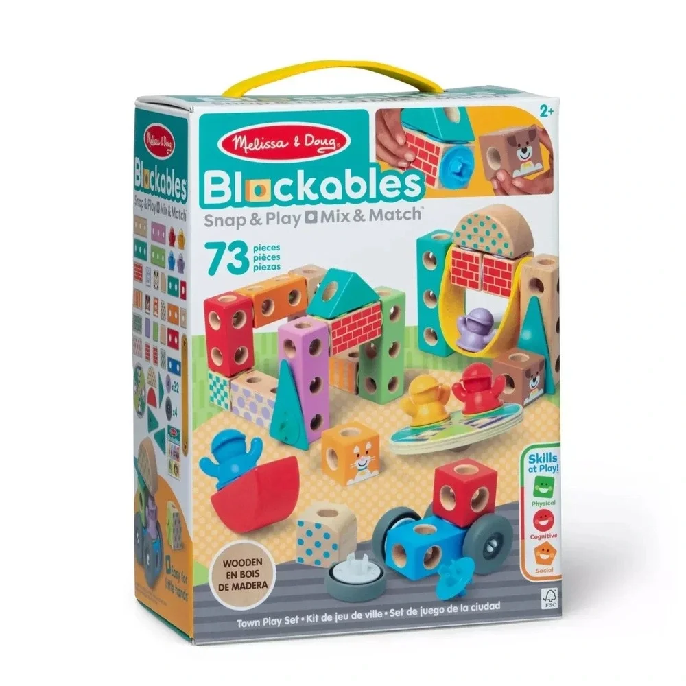 Melissa & Doug Blockables Snap & Play Town Wooden Building Set 73pc 50279 NEW